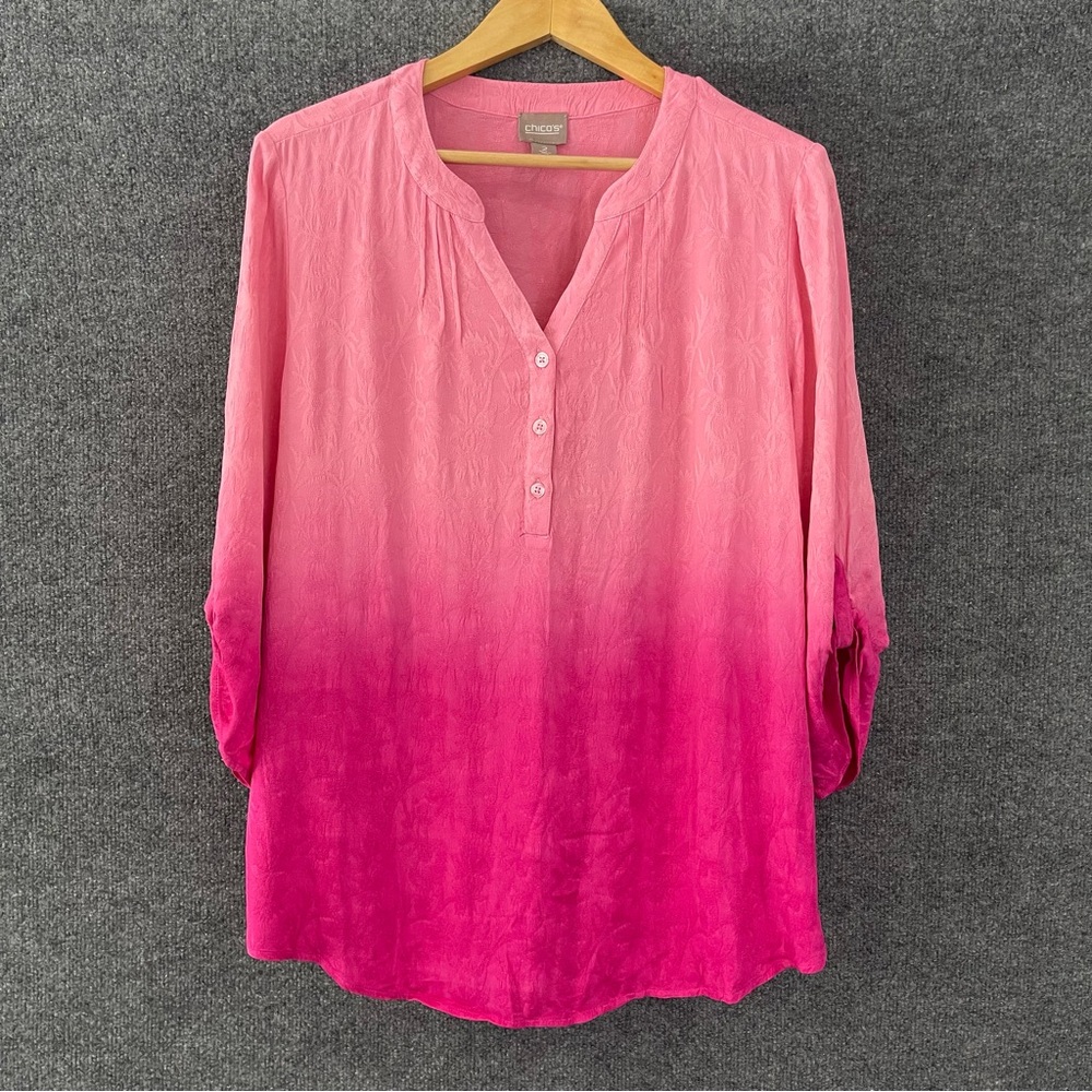 Chicos Womens Pink Textured Ombre Top Size Large 12 Pullover 3/4 Tab Sleeve - Picture 1 of 7